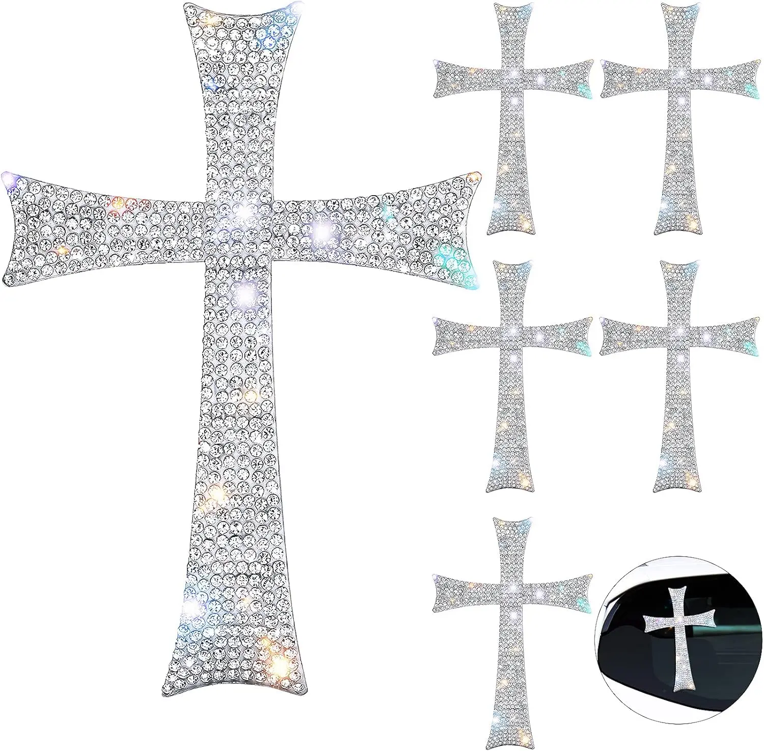 6-Piece Silver Bling Rhinestone Cross Shape Car Stickers, 12x8cm Water-Resistant Self-Adhesive Body Panel Decals for Car Exterior Bumper, Interior Decor (Gift Ideas for Friends)