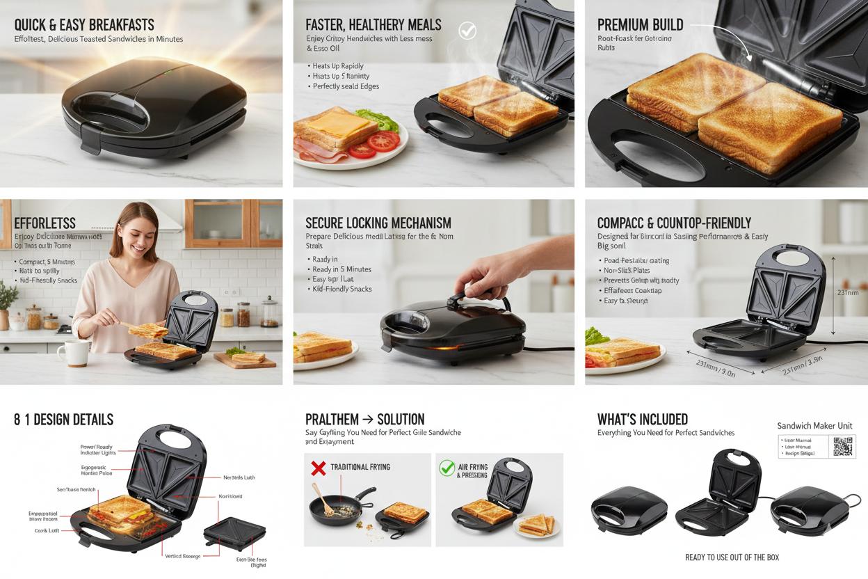 Sandwich Maker / Panini Grill with Non-Stick Plates, LED Indicators and Cool Touch Handle, Portable Electric Sandwich Machine, Ideal for Grilled Cheese, Sandwiches and Paninis, Compact Breakfast Maker for Dorm, Home and Office,