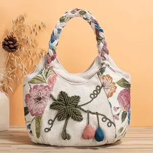 Bohemian Style Handmade Flower Tote Bag - Foldable, Zipper Closure, Fixed Shoulder Strap, Wristlet Included, Perfect for Vacation