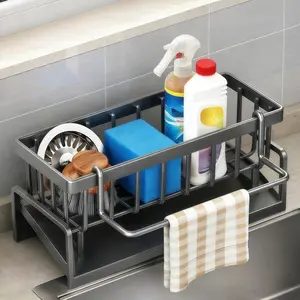 304 Stainless Steel Kitchen Sink Organizer with Sponge Holder, Automatic Drain Tray & Hooks - Multi-Functional Soap Dispenser Storage Rack, Rustproof for Kitchen and Bathroom Use