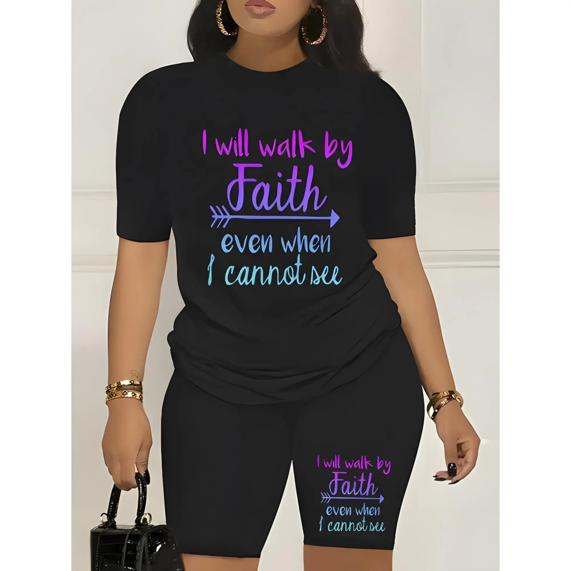 Women'S Gradient Letter Print T-Shirt - "I Will Walk by Faith" Design, 100% Cotton T-Shirt,for Women - Versatile for Casual, Sports, Festive, All-Se