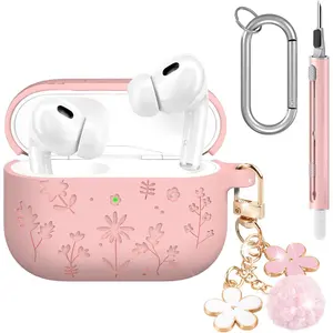 AirPods Pro 3 Case 2025 Cute Cherry Blossom Keychain Cleaning Kit Soft Silicone Shockproof Flower Engraved Cover Compatible with AirPod Pro 3 Case Cover Pink