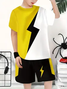 Boys' Fashion and Colorblock Print Set, Casual Summer, Breathable and Quick-Dry, Suitable for Outdoor Activities, Color Blocking Set