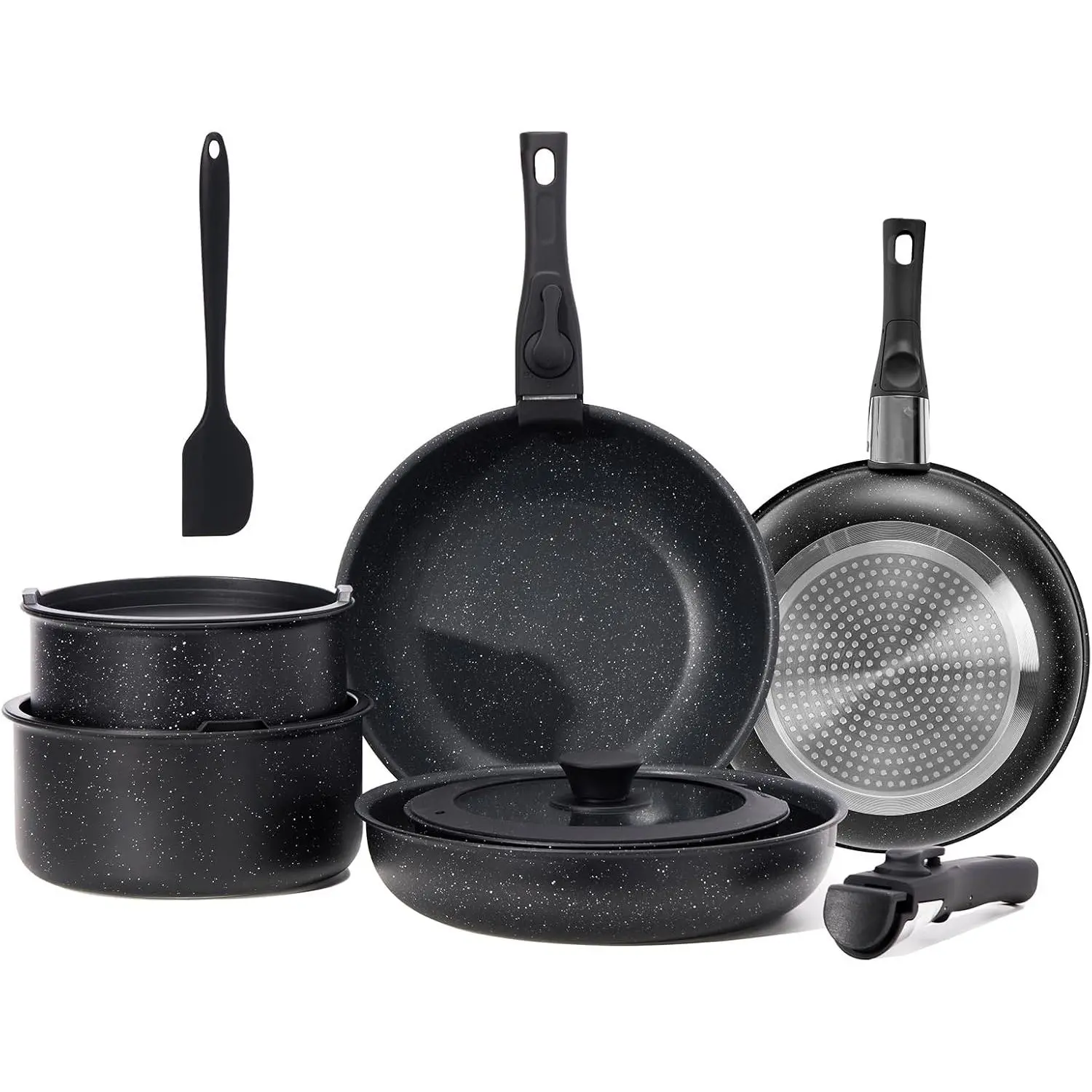 12-Piece Nonstick Kitchen Cookware Set with Detachable Handle, Induction Compatible, Dishwasher Safe, Oven Safe, Space-Saver Black Pots and Pans