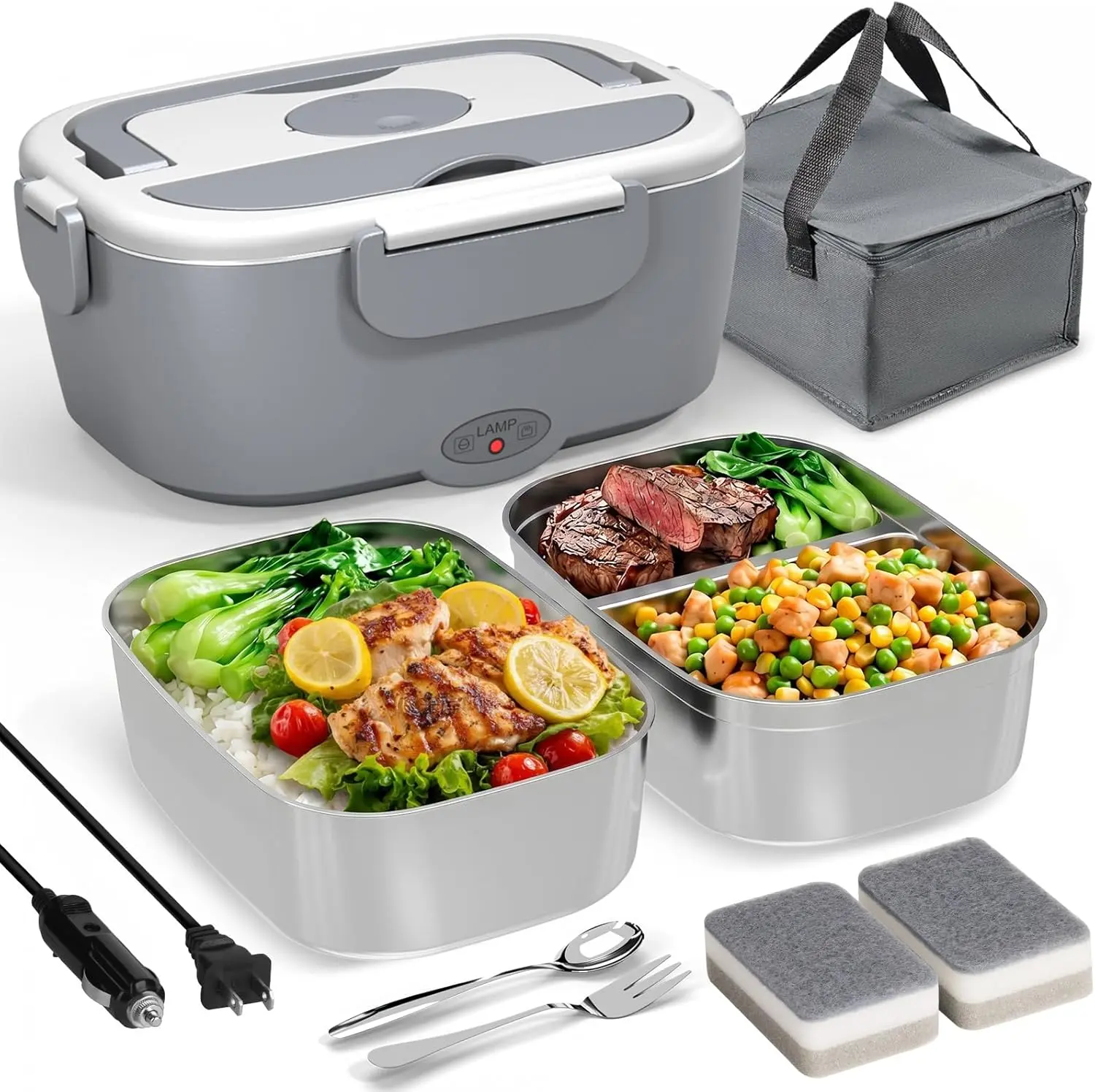 Sitlais Electric Leakproof Non-Toxic Lunch Box for Adults, 80W Fast Heating 1.5L Portable Food Warmer with 2 Stainless Steel Dual Containers, Lid, Silicone Tableware, 12V-24V-110V for Car, Office, Truck - Ideal for Travelers, Construction Workers
