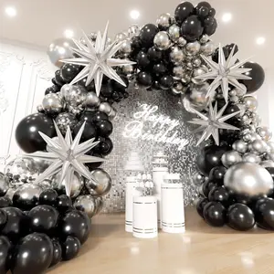 200PCS Black & Silver Balloon Arch Kit with Star and Confetti Balloons for Party Garland Decorations