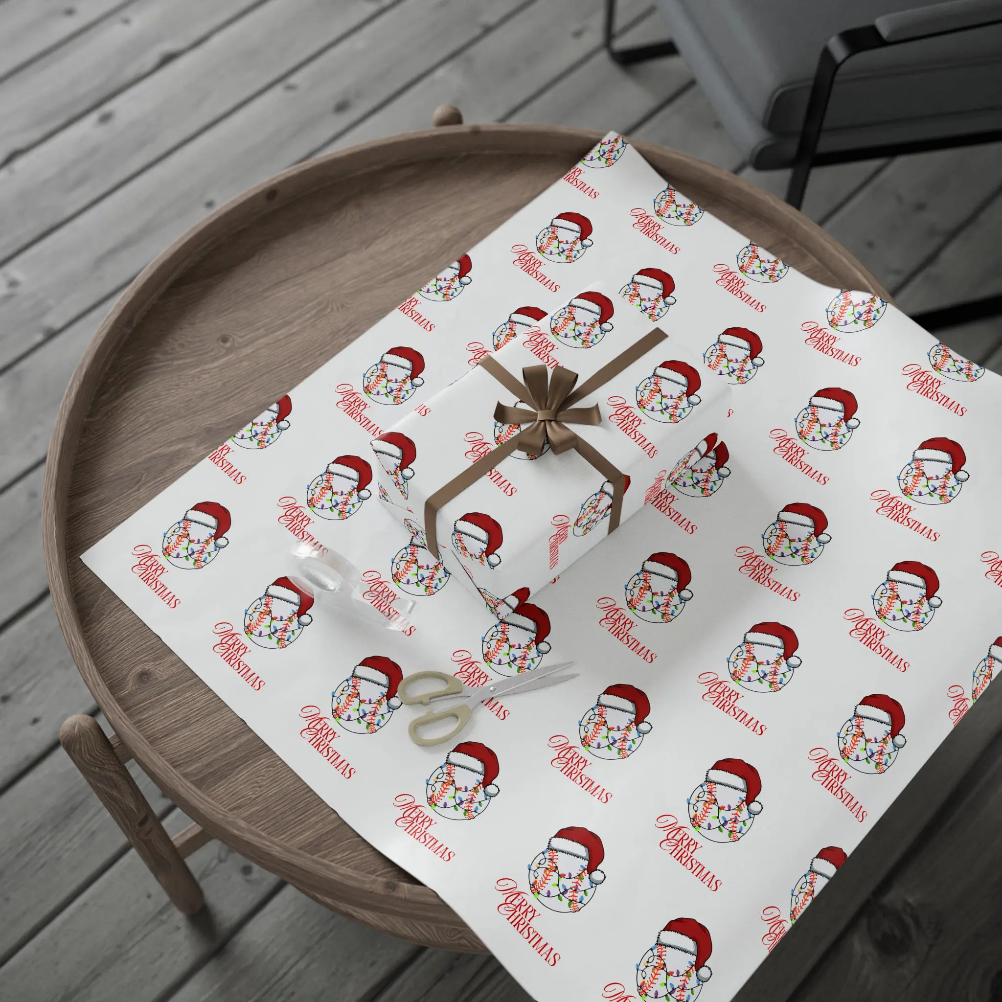 Merry Christmas Baseball Wrapping Paper with Holiday Lights - 30" x 36" White Glossy Finish