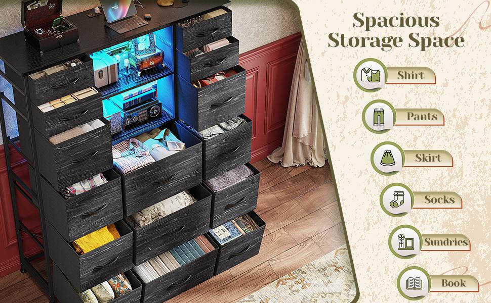 Raybee Furniture 51" H Dresser with 15 Drawers Dresser for Bedroom, with Charging Station & LED Lights & Hutch Sturdy, Steel Frame, Wood Top