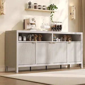 Sideboard Buffet Cabinet with Storage,Vintage White 65" Fluted Cabinet with 4 Doors, Long Buffet Cabinet, Sideboard Storage Cabinet for Kitchen,Living Room