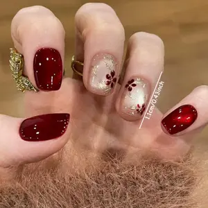 30PCS  Viral Cherry Mocha Press On Nails | Luxury 3D Rhinestone & Floral Short Fake Nails | Reusable Salon-Quality Glue On Nails for Everyday & Party