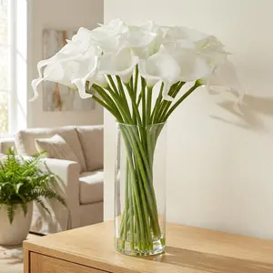 24 Real Touch Calla Lily Stems with Glass Vase & Faux Water – Realistic Latex Artificial Flowers for Wedding Centerpieces, Home Office Decor, Table & Living Room Arrangements,White