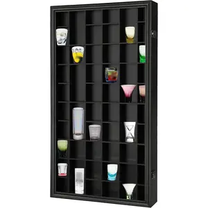 52 Shot Glass Display Case - Wall Mount Wooden Lockable with Removable Shelves, UV Protection Acrylic Glass Door, Black
