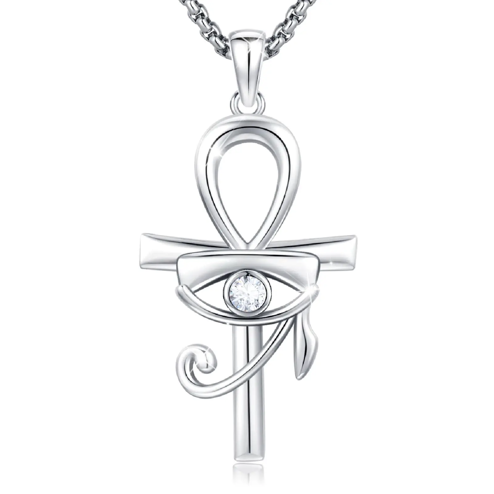 Audinceed Ankh Eye of Horus Necklace, S925 Sterling Silver Egyptian Eye Protection Pendant Spiritual Amulet Symbol Jewelry Gift for Men Women