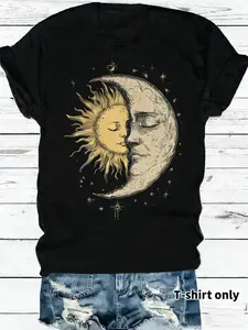 Women's Bohemian Style T-shirt with Mysterious Sun & Moon Face Print, Retro Hippie Style, Short Sleeve Casual Crew Neck Top, Perfect Choice for Women's Spring & Summer Wear Fit Womenswear Soft Tshirt