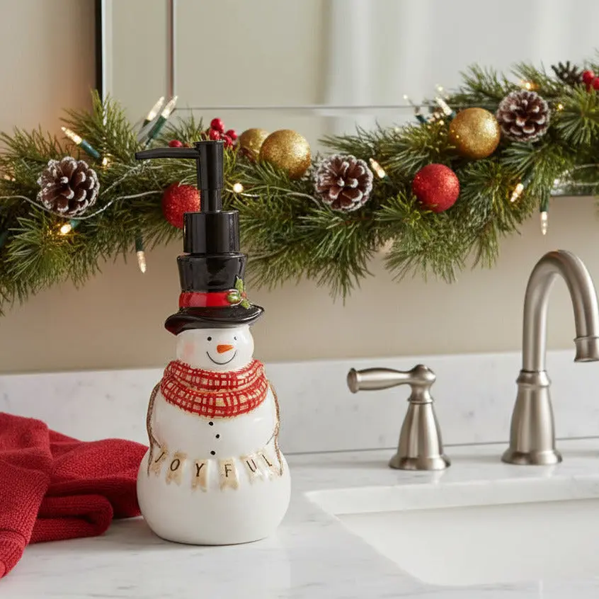Flurry Friends Ceramic Soap Pump, Sturdy 3.75x8.5" Sink Soap Dispenser, Holiday Theme Bathroom Accessory