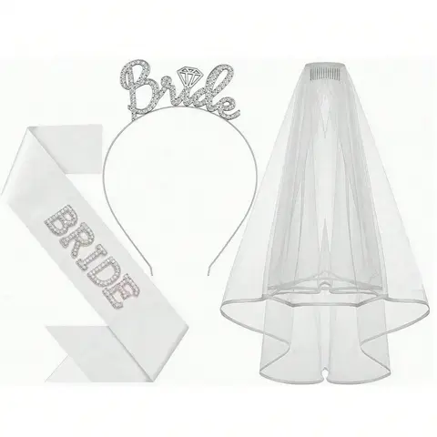 3-Piece Bridal Set Including Veil Rhinestone Hairband Pearl Bride sash Perfect for Bride shower Bridesmaid Photoshoots Bachelorette Party Costume Gift Trailing Veil Wedding Veil Wedding Veils for Brides