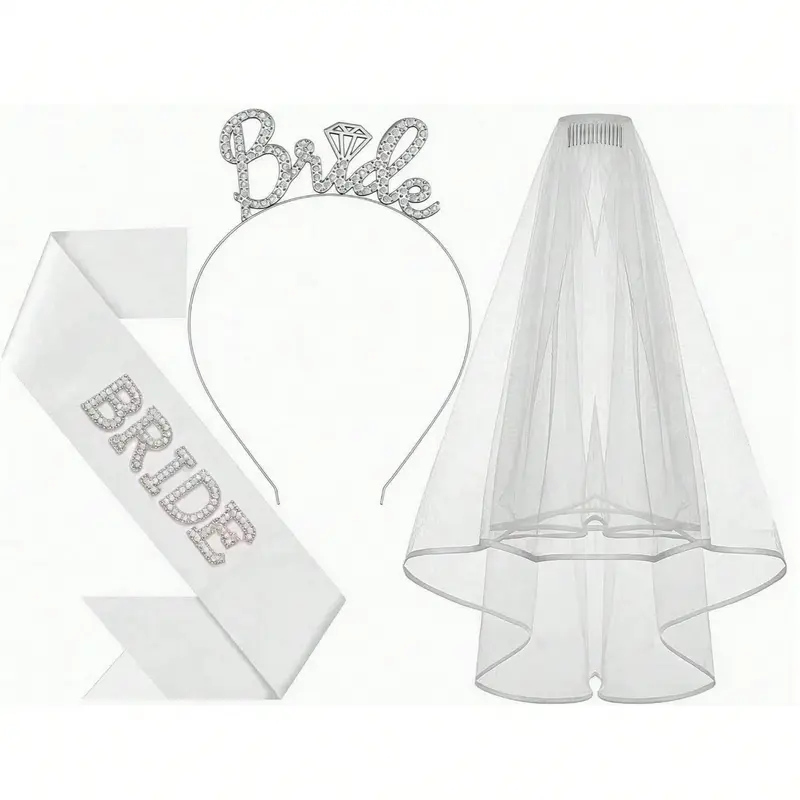 3-Piece Bridal Set Including Veil Rhinestone Hairband Pearl Bride sash Perfect for Bride shower Bridesmaid Photoshoots Bachelorette Party Costume Gift Trailing Veil Wedding Veil Wedding Veils for Brides