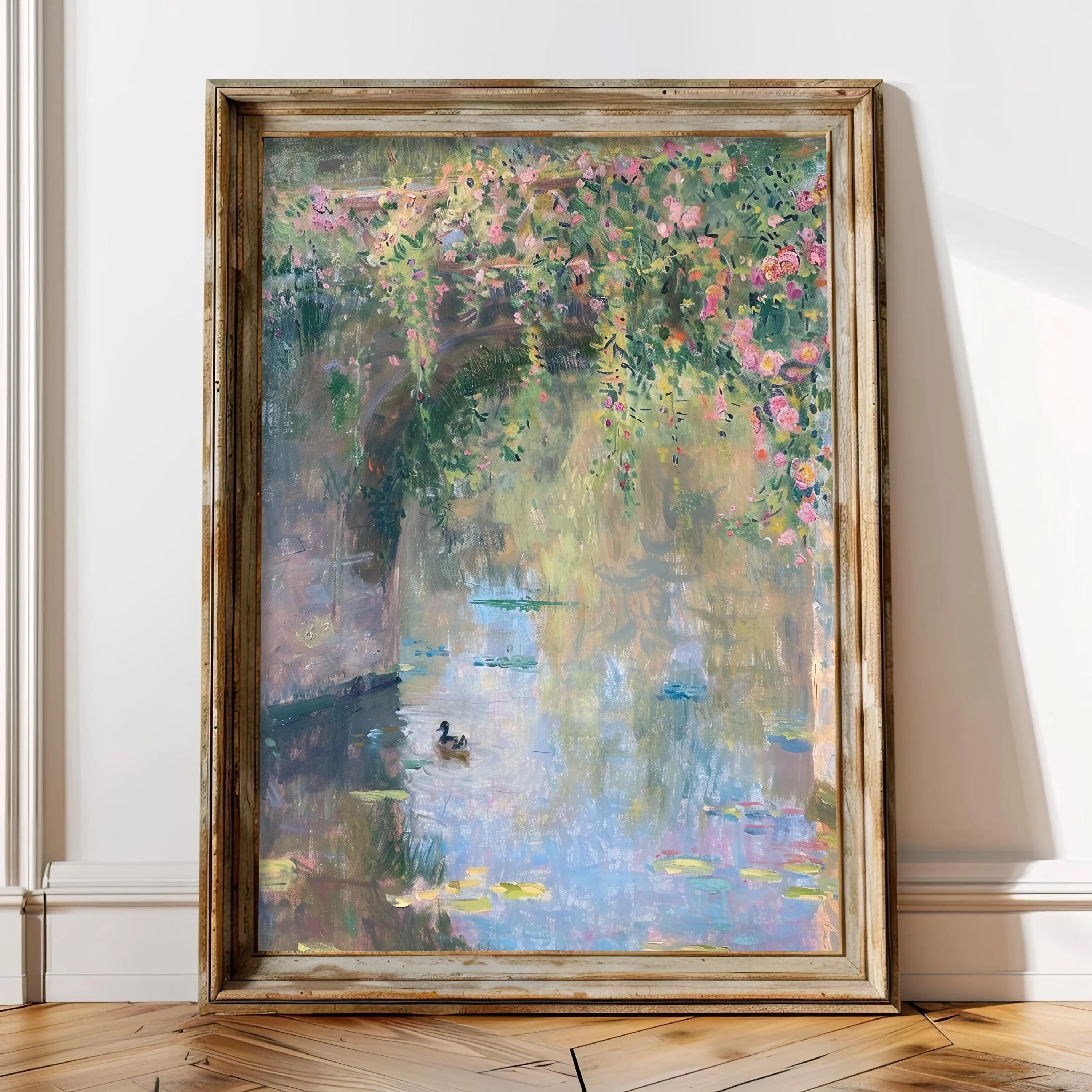 Monet Style Pastel Oil Painting Print - French Country Wall Decor Featuring Vintage Water Lily with Impressionist Floral Elements Artistic Poster