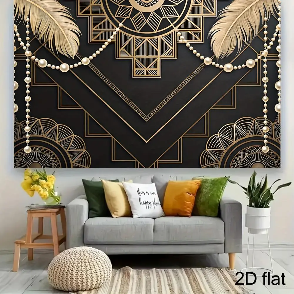 1PC Retro Luxury Polyester Backdrop Banner - Black-Gold Geometric, Pearl, Feather Flat 2D Design, Reusable 1-Piece Photo Booth & Birthday Party Decor Prop for Home Festive Events