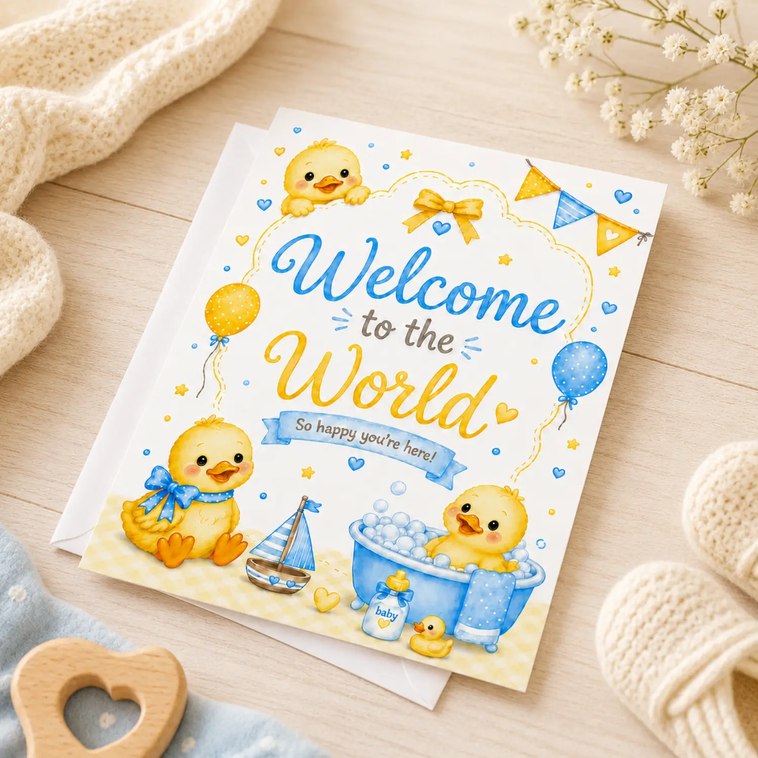 Welcome to the World Greeting Card, New Baby Congratulations Card, Cute Duck Baby Card, Baby Shower Card, Newborn Baby Gift (5x7 inches)