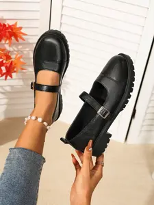 Women's Low Heel Square Toe Single Shoe, One-Piece Buckle, Thick Sole Height-Boosting Mary Jane Shoes, College Style Casual Footwear