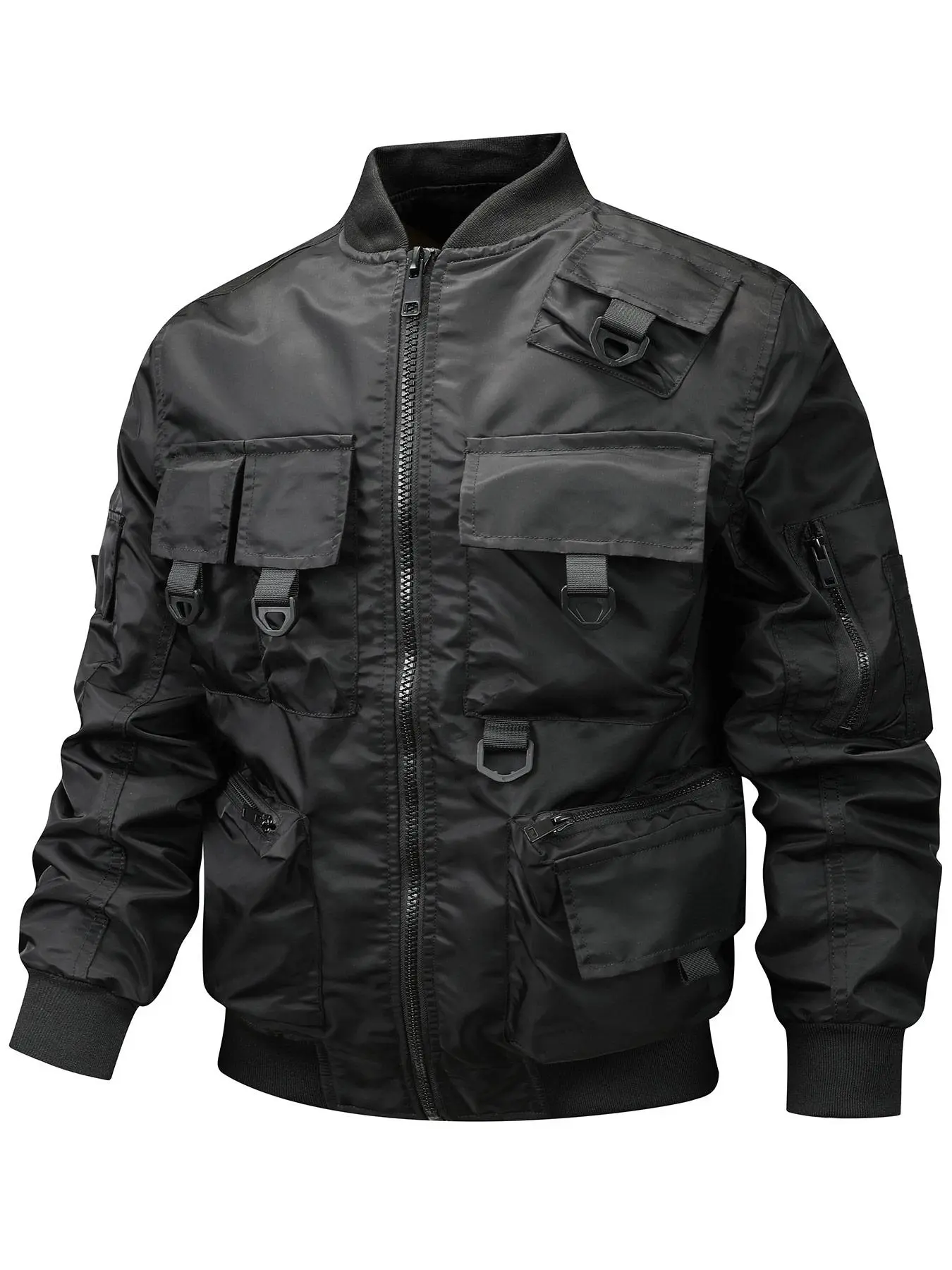 Men's Solid Pocket Zipper Jacket, Regular Fit Casual Long Sleeve Stand Collar Outerwear for Fall & Winter, Men's Clothes for Outdoor Activities