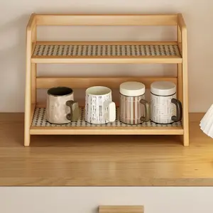 Storage rack, Coffee bar storage, imitation rattan cup holder, double-layer desktop miscellaneous items, water cup dormitory kitchen organizing rack