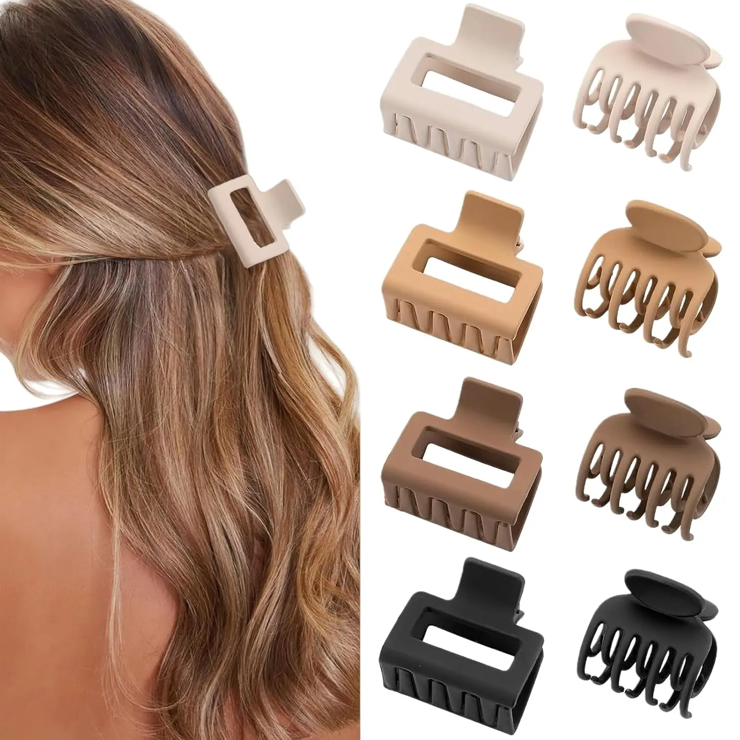 8pcs Medium Hair Clips for Women Cute Rectangle and Double Row Small Claw Clips for Thin/Medium Fine Hair Matte Nonslip Jaw Clips