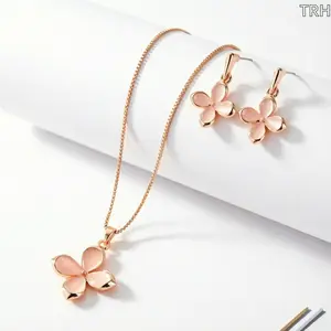 Rose Gold Tone Four Leaf Clover Jewelry Set, Dainty Cat Eye Stone Pendant Necklace & Drop Earring, Minimalist Lucky Women Accessory, Ideal Birthday & Holiday Gift for Her Daily Wear & Dating