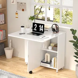 Folding Dining Table With Drawers and Cabinets 2-Tier Shelf 1 Drawer Cabinet MDF 51'' Extendable Tabletop Durable Sturdy Easy Assembly