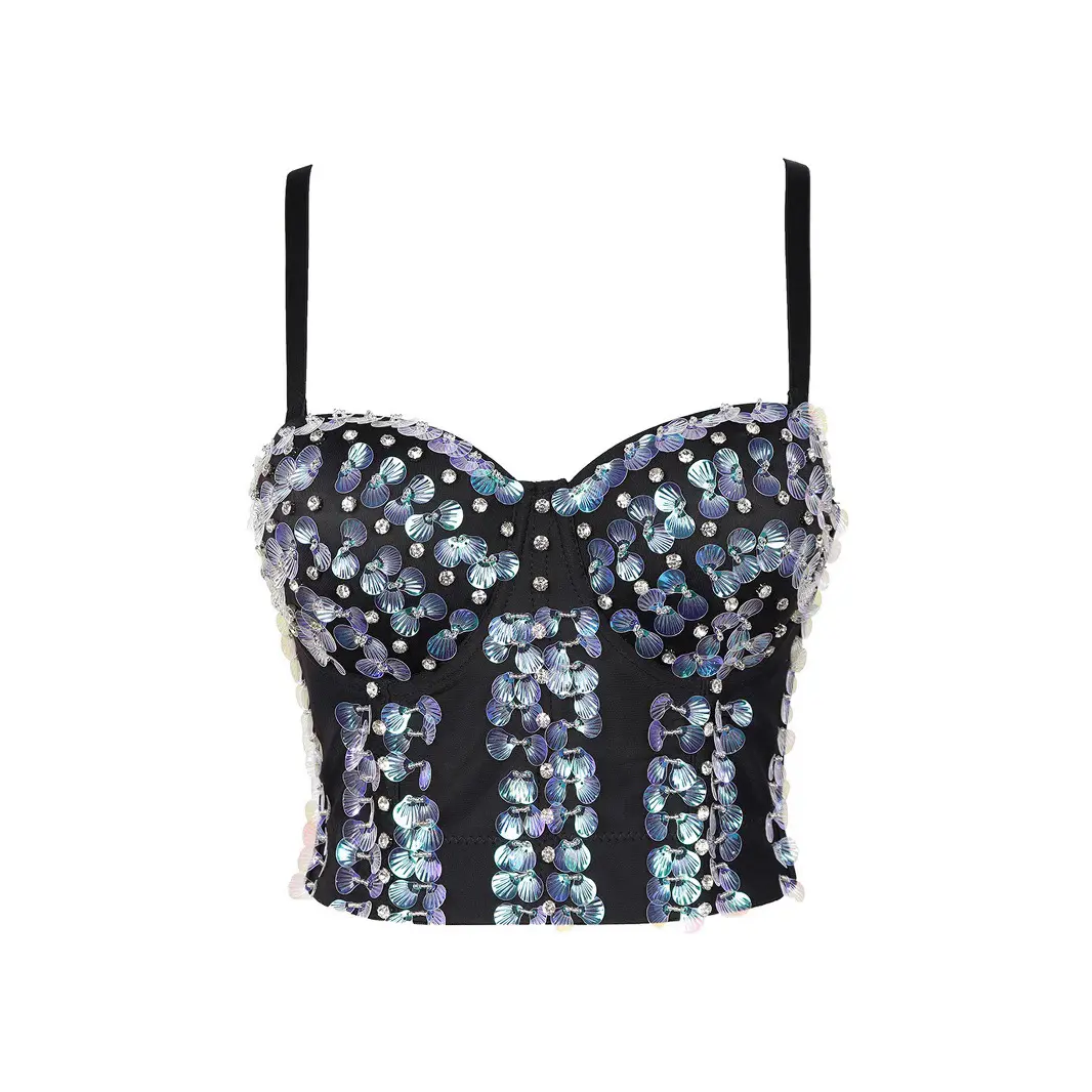 Women's Short Mini Crop Corset Top - Hand-Stitched Shell, Rhinestone Crystal Embellishments, Sexy Sleeveless Shaper Vest for Party Wear