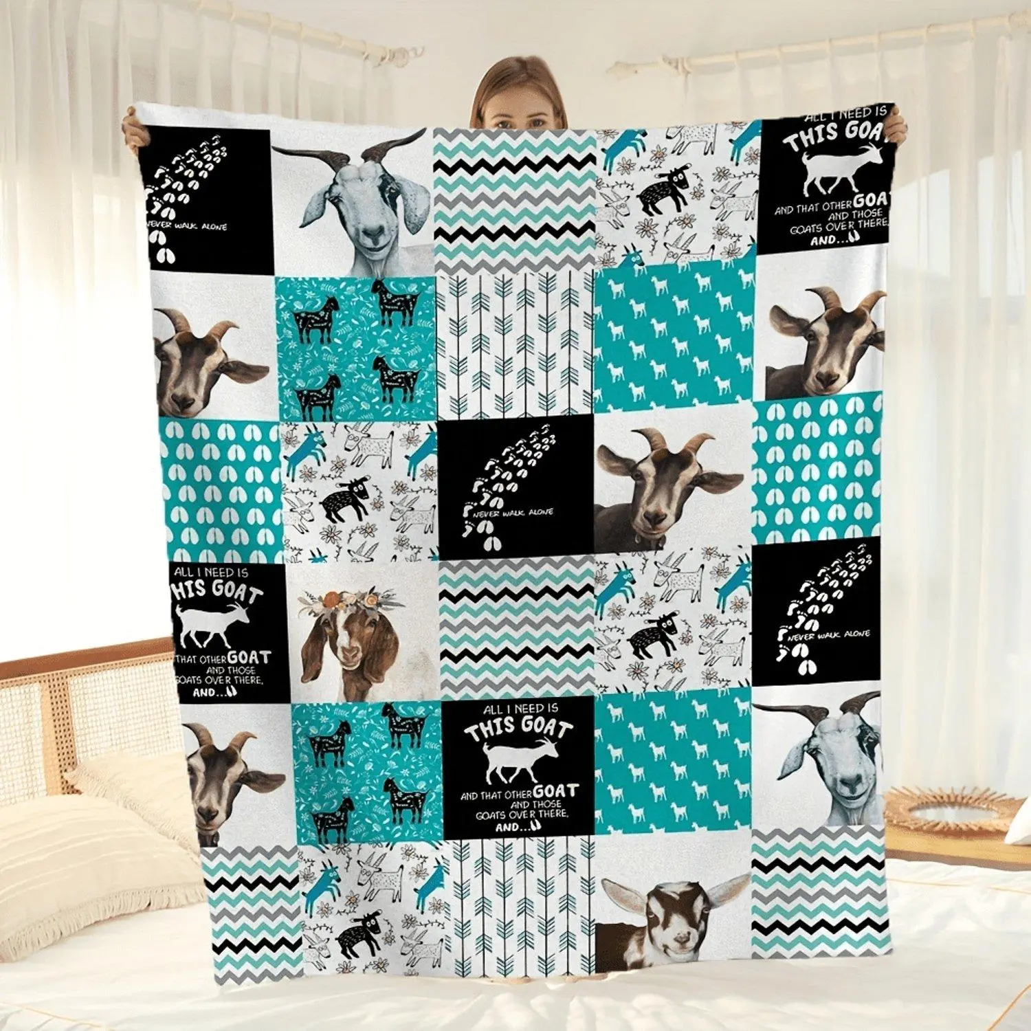 [Cozy Comfort] Soft Cozy Goat-Themed Fleece Blanket Contemporary Style with Chevron Floral and Geometric Patterns Machine Washable All-Season Comfort Perfect for Couch Bed Office or Camping