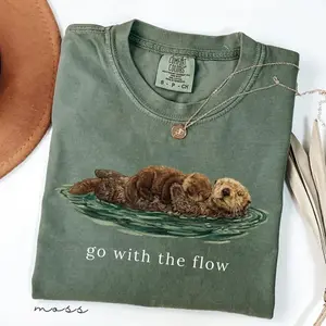 Comfort Colors Sea Otter Go With The Flow Shirt, Cute Otter Graphic Tee, Vintage Nature Animal T-Shirt, Coastal Wildlife Aesthetic, Funny Ocean Lover Gift, Unisex Garment Dyed Tee