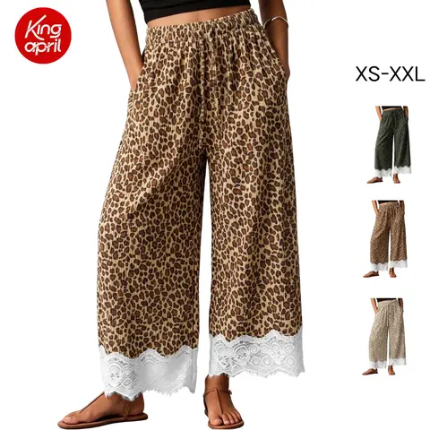 Kingapril Women's Adjustable Leopard Print Corduroy Wide Leg Cropped Bottoms - Elastic Drawstring High Waist, White Lace Trim Hem, Breathable Fabric, Loose Fit Vintage Y2K Streetwear Casual Trousers