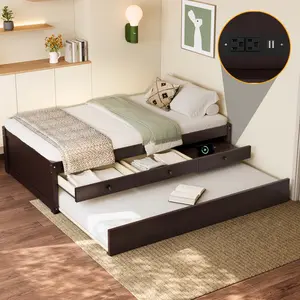 Twin Size Platform Bed Frame with Trundle and 2 drawers,SolidWood Beds with Power strip, No Box Spring Needed