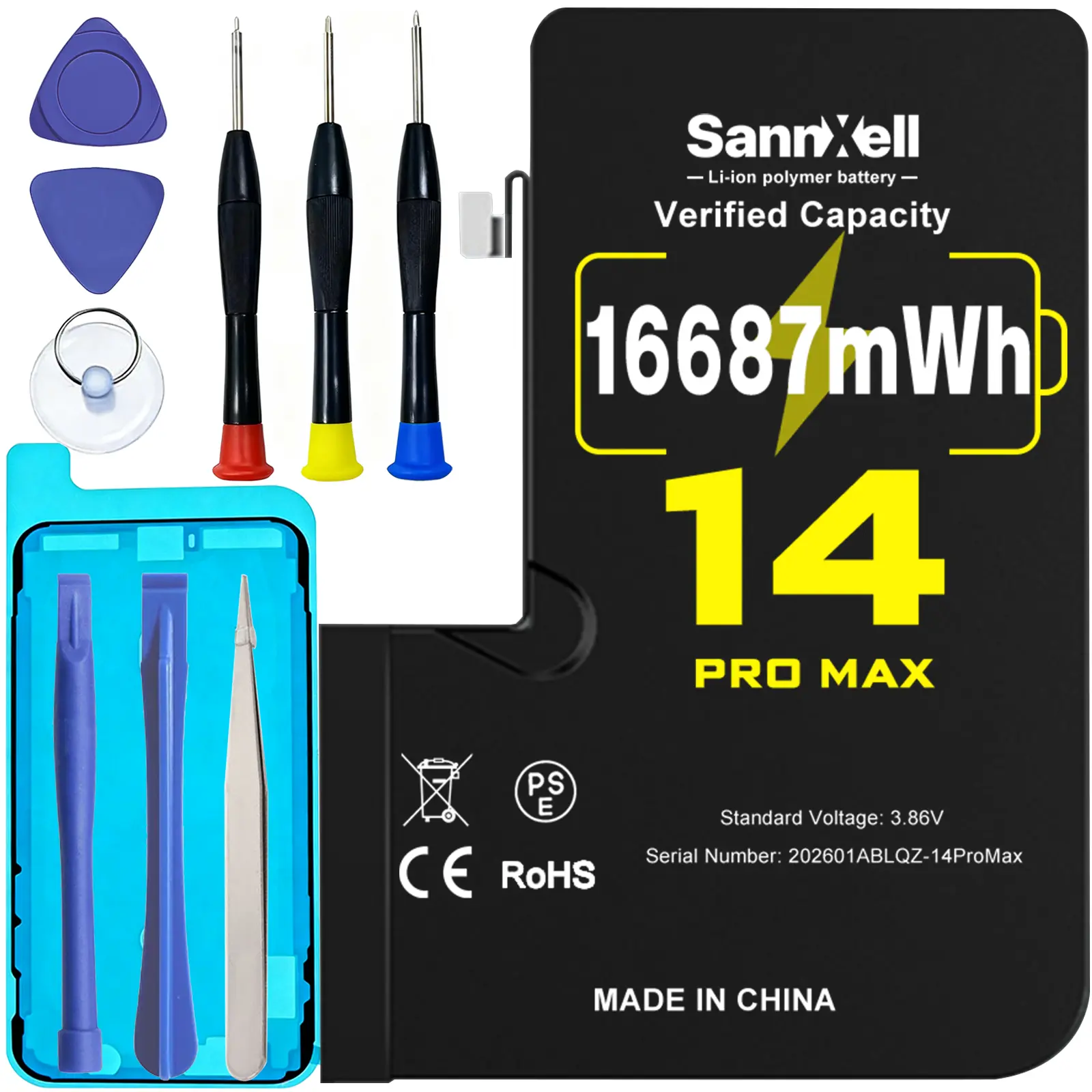 SannXell Upgraded High Capacity Battery for iPhone 14 Pro Max Replacement, 16687mWh 0 Cycle A2651 A2893 A2894 A2895 A2896 Model, Ultra Long Lasting Li-ion Battery for iPhone 14 Pro Max, with Full Repair Tool Kit