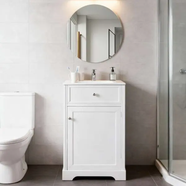 White Bathroom Vanity 20 Inch Wide Single Sink Vanity with White Ceramic Top Soft Close Door Storage Cabinet 34 Inch Height 18 Inch Depth Small Space Bathroom Furniture Modern Farmhouse Freestanding Vanity Unit