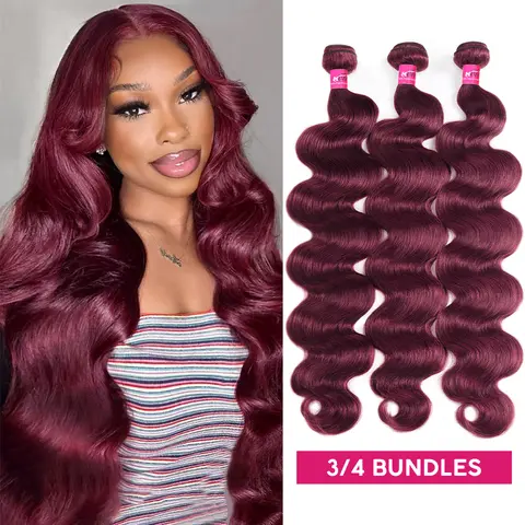 ONEMORE 99J Burgundy Body Wave Human Hair Bundles, Dark Red Quick Weave Extensions (12-28 Inch, 1/3/4 Bundles Options)