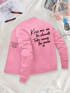 Women's Letter Print Baseball Jacket Autumn/Winter Style Classic Bomber Jacket, Sporty & Stylish Design, Ribbed Collar, Cuffs and Hem, Zipper Pocket Detail