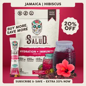 Salud 2-in-1 [Hydration + Immunity - Jamaica | Hibiscus] 400mg Electrolytes, 250mg Wellmune, 100mg Elderberry, Dairy & Soy Free, Non-GMO, Gluten Free - Healthcare, Vitamin (15 Servings)