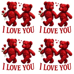 4pcs DIY Iron-On Applique Patches - Large Red Teddy Bears Holding Roses & "I Love You" Text, Pink Roses & Hearts, Easy Heat Transfer Stickers for T-Shirts, Jeans, Hats, Pillows, Durable Washable Plastic-like Material, Valentine's Gift for Women