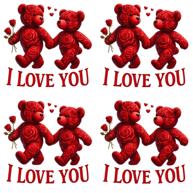 4pcs DIY Iron-On Applique Patches - Large Red Teddy Bears Holding Roses & "I Love You" Text, Pink Roses & Hearts, Easy Heat Transfer Stickers for T-Shirts, Jeans, Hats, Pillows, Durable Washable Plastic-like Material, Valentine's Gift for Women