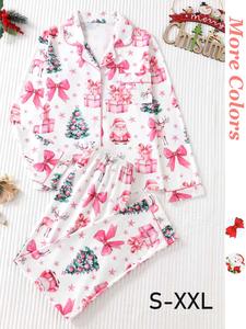 women's christmas pajama set, long sleeve lapel design, elastic comfortable pants, elegant sleepwear for ladies