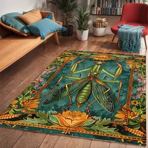 Vintage Artistic Praying Mantis Print Rug, Home Decor Rug, Foldable Washable Non-Slip Carpet for Living Room Bedroom Sofa Dining Area Hotel Use, Floral Insect Rug, Unique Rugs