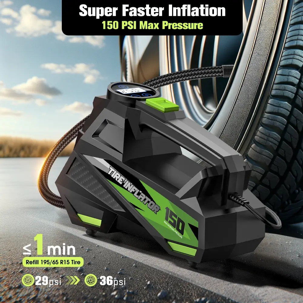 CARSUN Portable Tire Inflator Pump, Air Compressor for Car Tires, Tire Inflation Tool, Automotive Maintenance Tools, 150psi 12V Dc Auto Pump with Digital Pressure Gauge & LED Light, Quick Fill Inflator