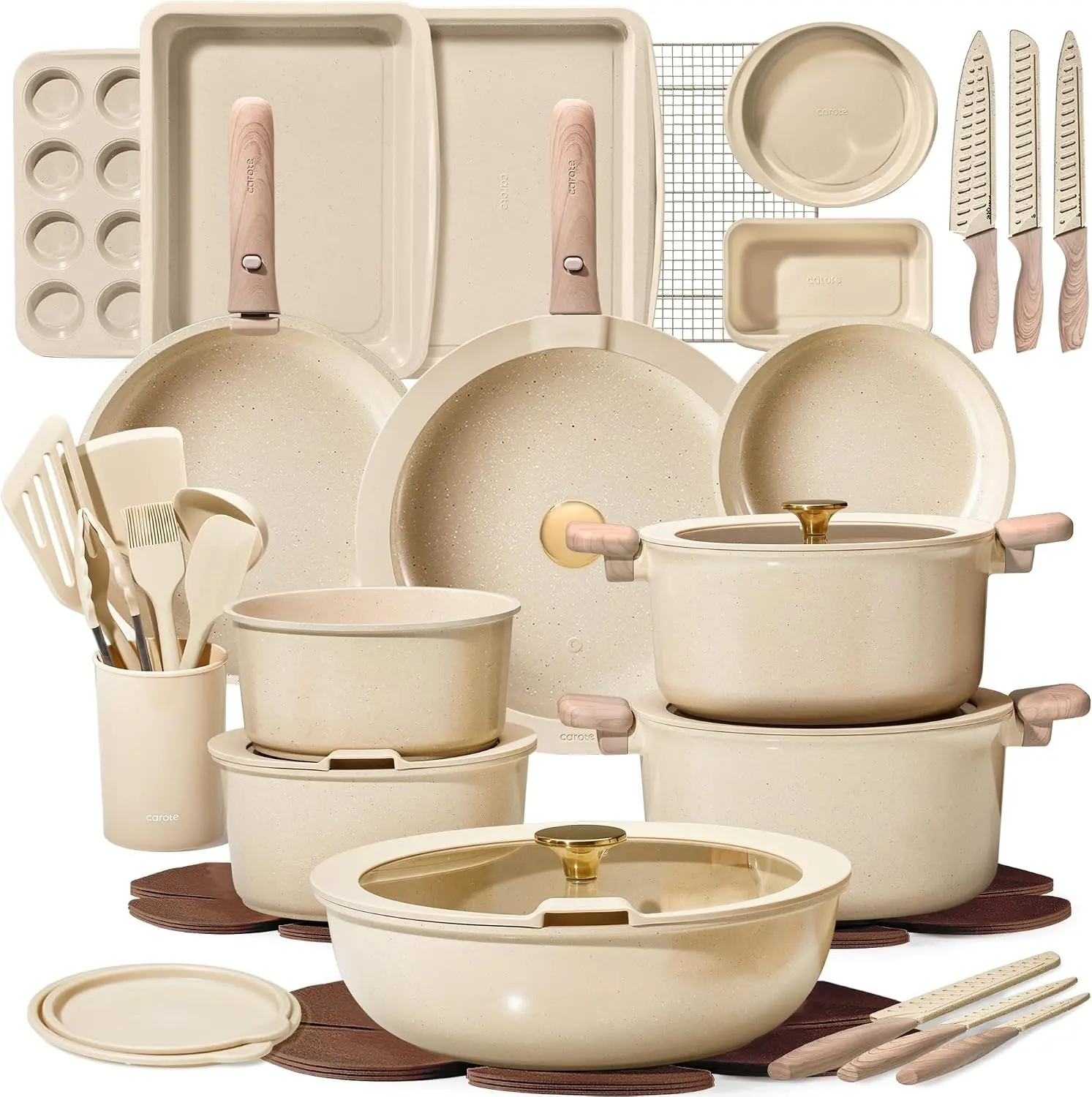 49-Piece Non-Stick Ceramic Cookware Set with Detachable Handle, Oil-Resistant, Baking Pans, Knife Set, Induction Compatible, Dishwasher & Oven Safe, Space-Saving for Kitchen & RV