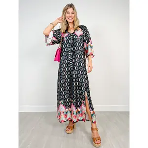 Printed Lounge Maxi Dress with Neck Collar Bow