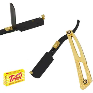 Professional Barber Straight Edge Shaving Razor Blade for All Shaving Purpose.  All Hair Type Shaving Razor - Gold and Black Shaving Blade - Blades Included - Shave Face Beard Mustache and More