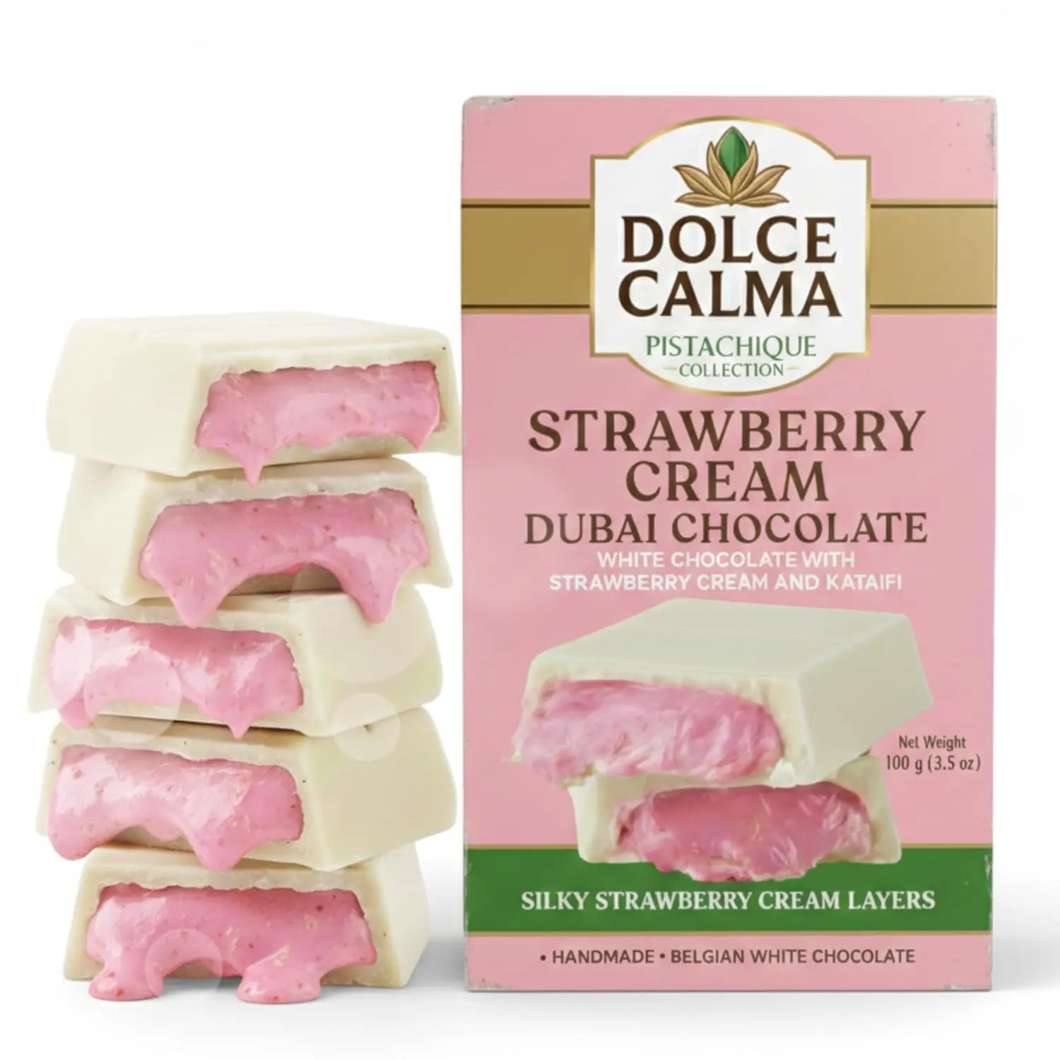 Dolce Calma Dubai Chocolate Bar Strawberry (100g / 3.5oz) – Viral Authentic Handmade Belgian Chocolate with Turkish Pistachio & Crispy Kataifi, Premium Quality Candy, Cream Kunafa Filling, No Palm Oil