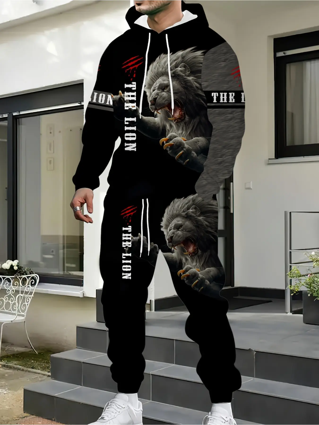 Men's Lion Hoodie and Sweatpants Set - Casual 2-Piece Polyester Garment, Long Sleeves, Machine Washable, Spring/Fall Suitable